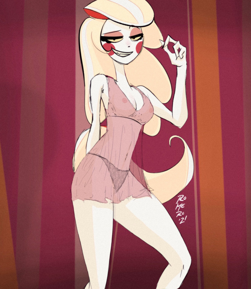 2021 blonde_hair breasts charlie_morningstar_(hazbin_hotel) cleavage female hazbin_hotel legs nightgown romero see-through see-through_clothing standing thighs twitter watermark