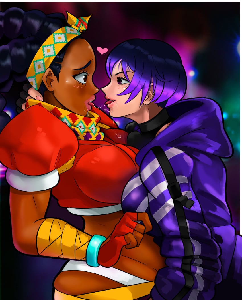 2girls after_kiss asian_female big_breasts capcom crossover dark-skinned_female female heart heart_symbol interracial japanese_female kimberly_jackson kissing lipstick looking_at_another looking_at_partner namco pepperoni_ravioli reina_mishima saliva_trail street_fighter street_fighter_6 tekken tekken_8 tongue_out yuri