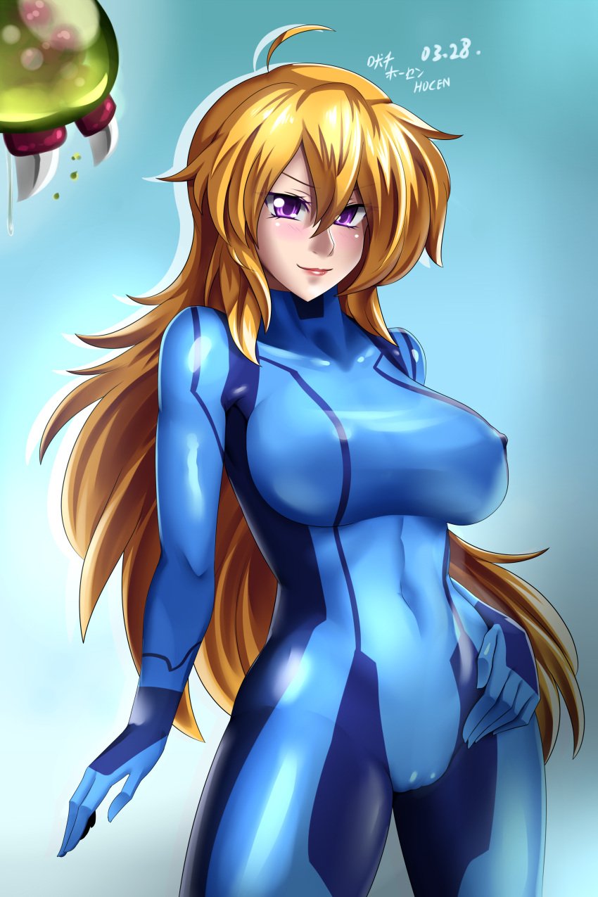 1girls baby_(metroid) blonde_female blonde_hair hocen long_hair long_hair_female metroid nipples_visible_through_clothing purple_eyes rwby samus_aran_(cosplay) yang_xiao_long zero_suit zero_suit_samus_(cosplay)