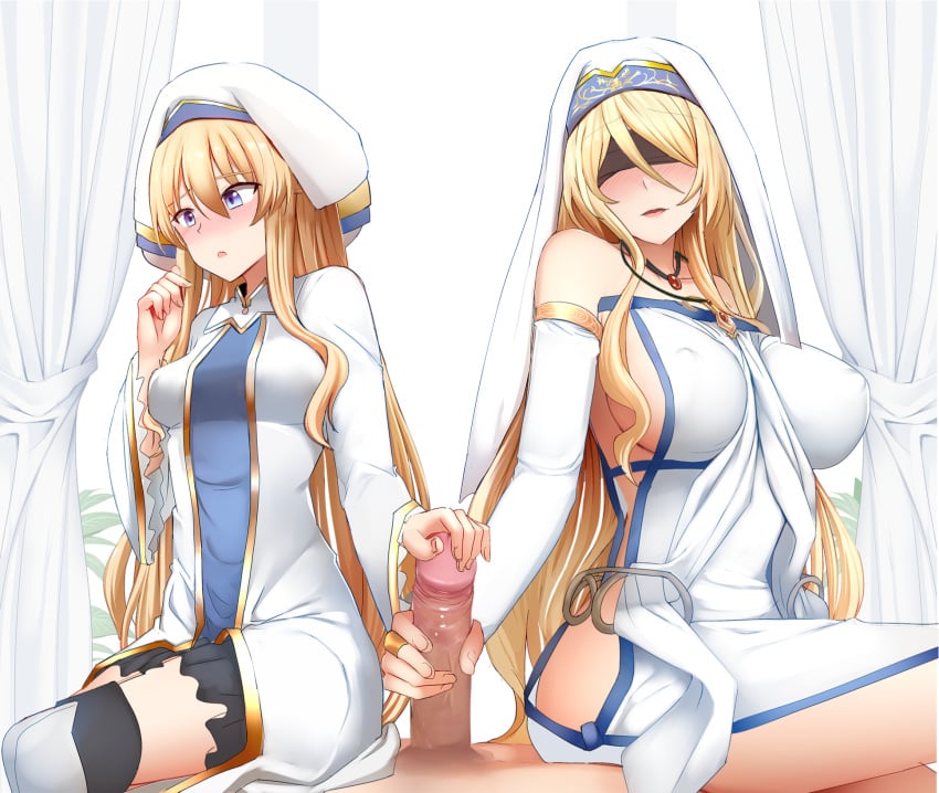 1boy 2girls armlet artist_name bangs bare_shoulders black_skirt blindfold blonde_hair blue_eyes blush breasts bridal_gauntlets curtains curvy detached_sleeves dress erect_nipples erection eyebrows_visible_through_hair female female_with_female ffm_threesome ginhaha goblin_slayer group_sex habit hair_between_eyes handjob hat highres huge_breasts jewelry large_penis light-skinned_female light-skinned_male light_skin long_hair long_sleeves looking_at_viewer looking_away male medium_breasts multiple_girls multiple_handjob necklace nipple_bulge nipples nose_blush nude open_mouth paid_reward parted_lips patreon_reward penis pleated_skirt pov priestess_(goblin_slayer) ring sideboob sitting skirt straight sword_maiden_(goblin_slayer) teamwork thighhighs threesome twin_handjob uncensored very_long_hair white_dress white_headwear wide_sleeves