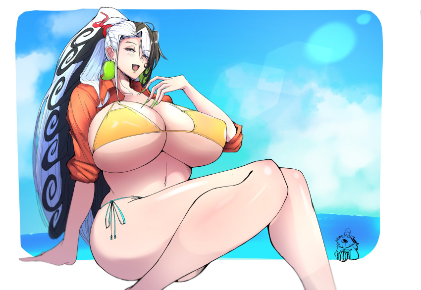 absurdres ashiya_douman_(fate) bikini black_hair breasts cleavage fate/grand_order fate_(series) female genderswap_(mtf) highres huge_breasts long_hair looking_at_viewer multicolored_hair open_mouth romo_(samesameyeah) rule_63 samesameyeah sitting smile solo swimsuit tagme white_hair