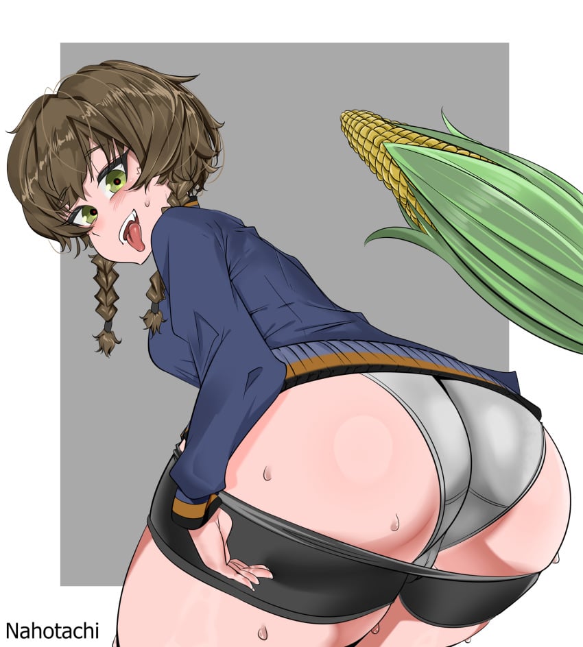 1girls amane_suzuha artist_name ass ass_focus ass_grab big_ass bike_shorts black_shorts blue_jacket braid braided_hair brown_hair corn cornography female fluffy_hair from_behind from_below grabbing green_eyes grin huge_ass legs looking_at_viewer nahotachi nails naughty_face open_mouth panties presenting presenting_ass seductive_look shiny_skin shorts simple_background smile solo solo_focus standing steins;gate sweat teeth thick_thighs thighs tongue tongue_out track_jacket twin_braids white_panties