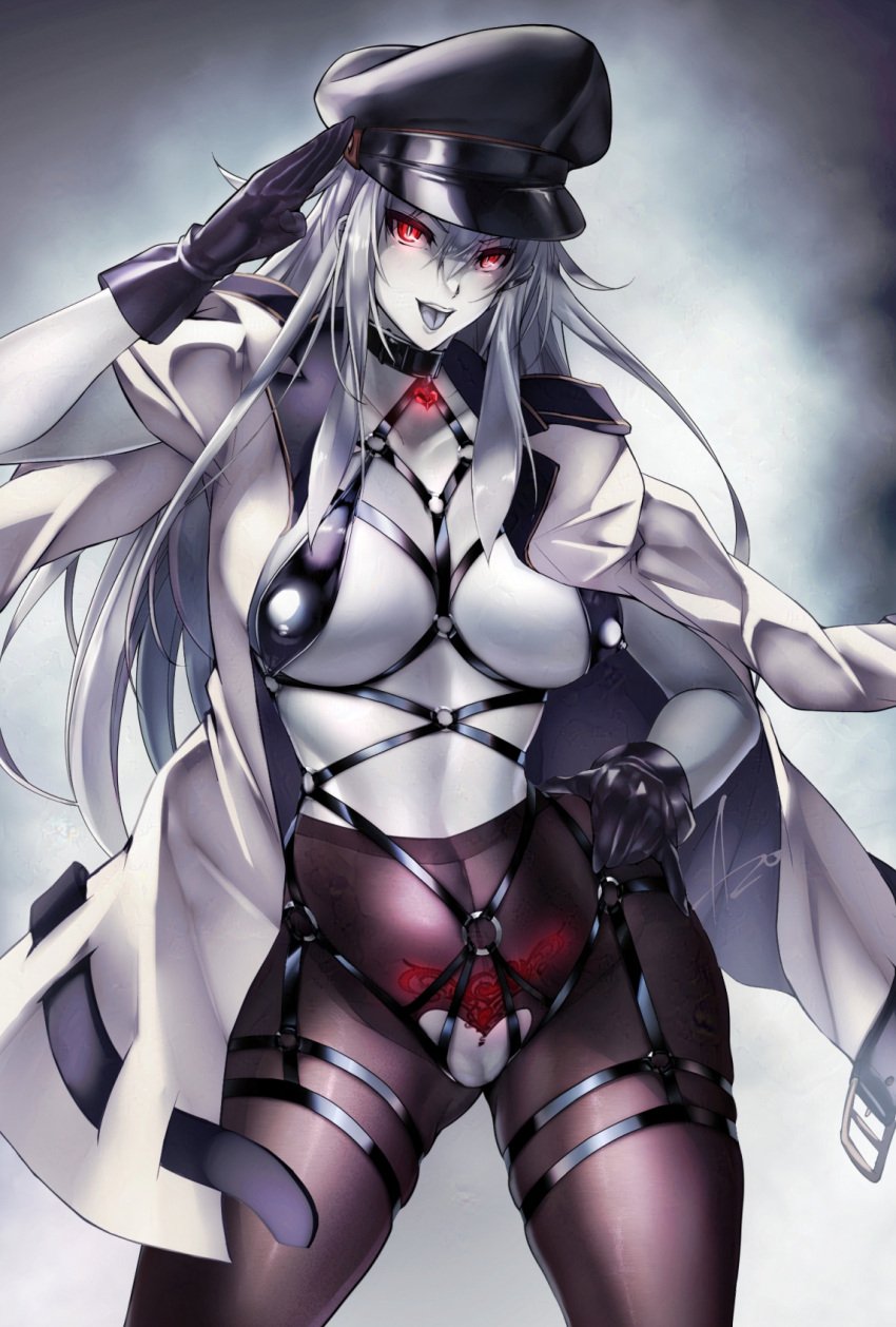 1girls abyssal_ship areolae armpits azu_(azzz) big_breasts breasts clothed clothing corruption dark_persona eye-level_view female gangut_(kantai_collection) gloves grey_skin huge_breasts humanoid kantai_collection mostly_nude nipple_piercing pubic_hair_peek pussy solo thick_thighs thighhighs wide_hips