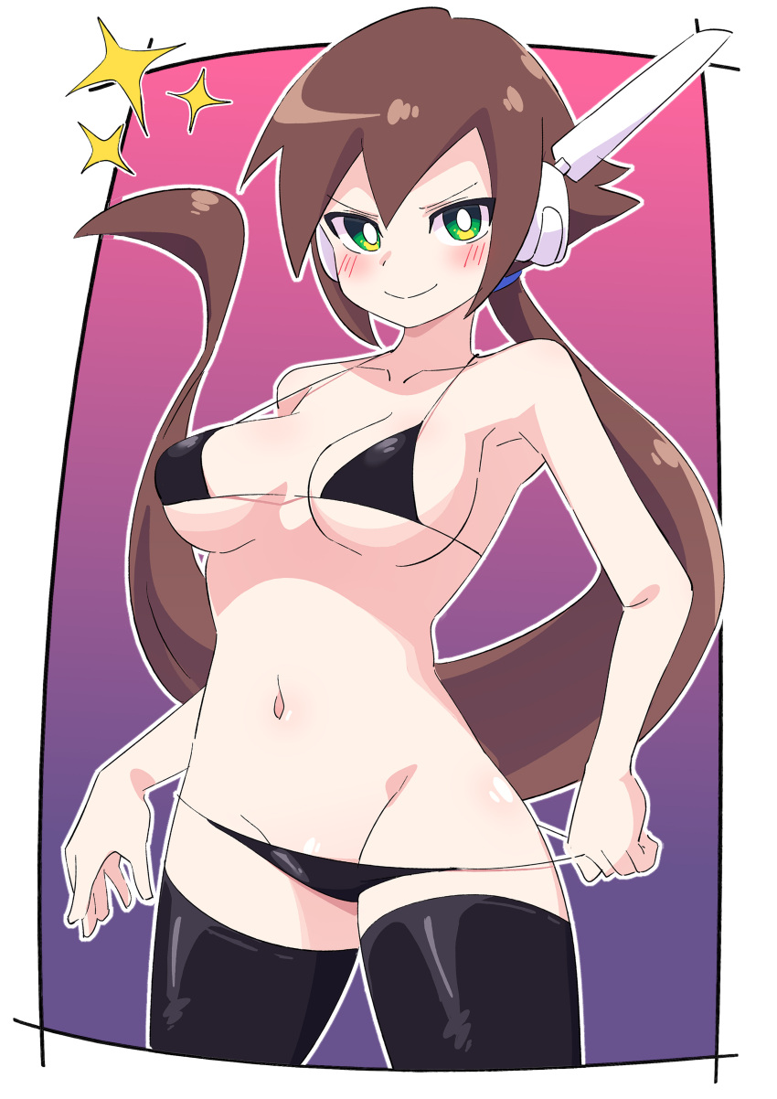 aile armpits bikini black_bikini black_legwear buzzlyears confident cowboy_shot female large_breasts looking_at_viewer mega_man mega_man_zx smug sparkles swimsuit taking_off_panties thighhighs