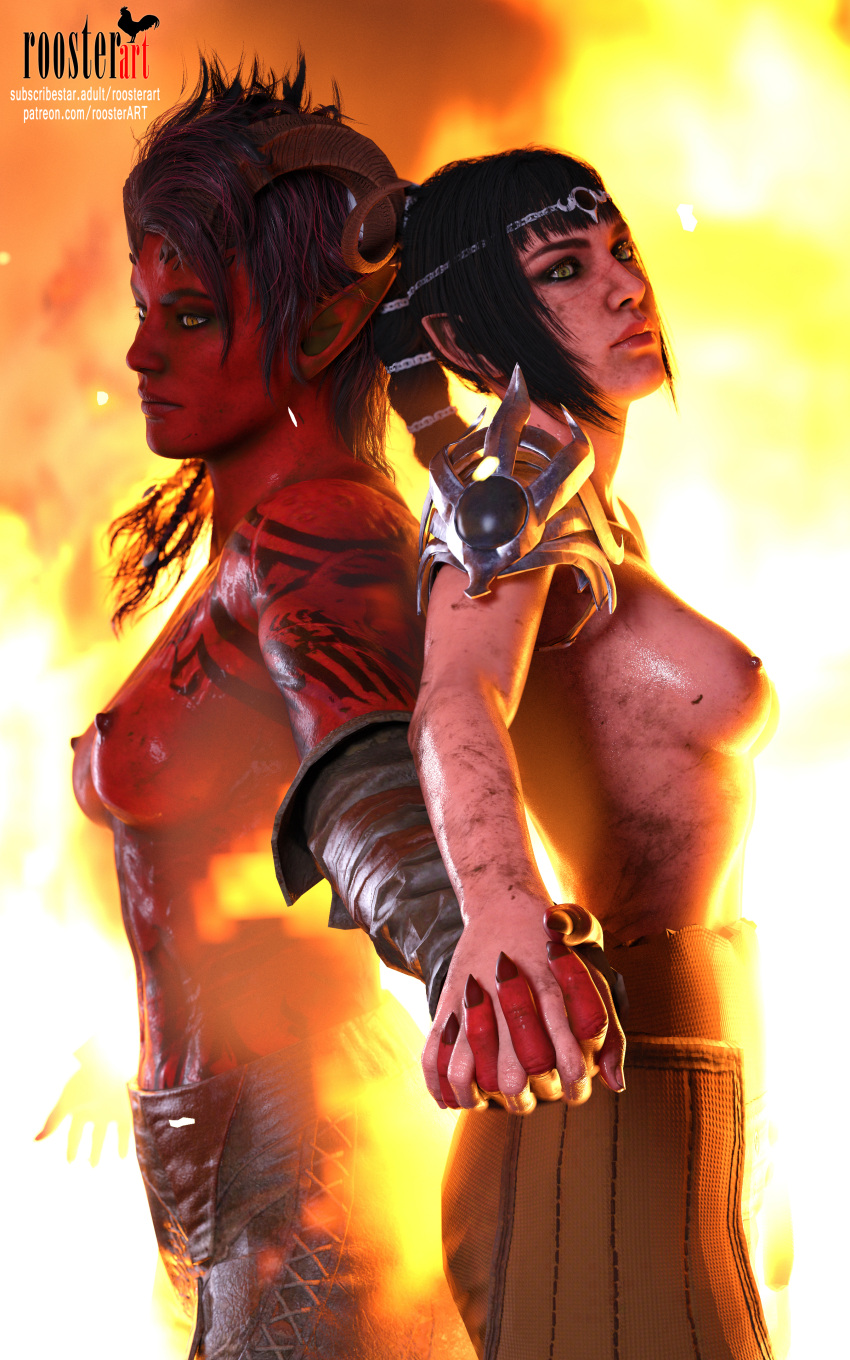 10:16 2girls 3d 3d_(artwork) armor armored_female artist_upload back_to_back baldur's_gate baldur's_gate_3 braid breasts closed_mouth dirty dirty_skin erect_nipples fantasy female female_only fire holding_hands horns karlach long_hair looking_away multiple_girls nipples open_eyes partially_clothed partially_clothed_female patreon patreon_username pointy_ears ponytail red-skinned_female red_skin roosterart self_upload shadowheart sharp_nails standing subscribestar subscribestar_username video_game video_game_character video_game_franchise wet wet_skin yuri