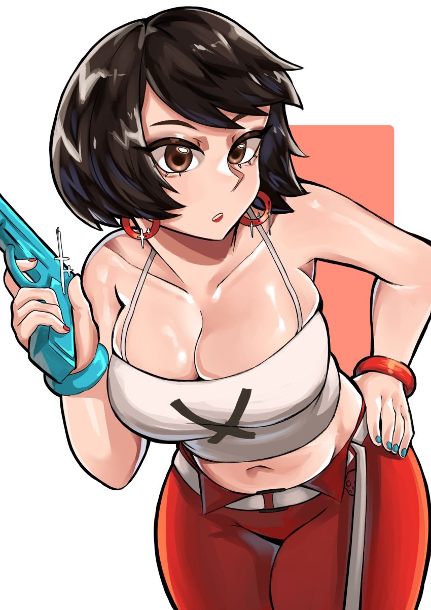 1girls 2024 abstract_background black_hair bloated_belly bracelet breast_bulge breasts brown_eyes cleavage clothed clothed_female clothing color crop_top ear_piercing evie_(fortnite) female firearm fortnite fortnite:_battle_royale gun hand_on_hip large_breasts lipstick looking_at_viewer low_neckline no_bra no_sex providenceum tummy tummy_bulge