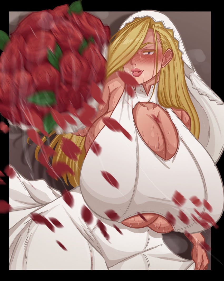 1girls angry angry_face big_breasts blonde_hair blue_eyes bouquet breasts breasts_bigger_than_head busty clothing crazy_eyes dialogue dress female female_only fit_female flowers fullmetal_alchemist hair_over_one_eye hi_res huge_breasts japanese_text long_sleeves looking_at_viewer marriage mostly_clothed muscular_female no_bra olivier_mira_armstrong omuko puffy_lips rose rose_(flower) saliva saliva_trail snot snot_trail solo solo_female solo_focus steam steaming_body sweat sweating sweaty sweaty_body sweaty_breasts tagme text translation_request underboob voluptuous wedding_dress
