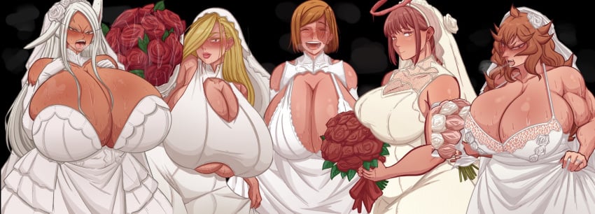 5girls angry angry_face belly_outline big_breasts black_clover blonde_hair blue_eyes bouquet breasts breasts_bigger_than_head bride brown_hair chainsaw_man closed_eyes clothing crazy_eyes crossover dark-skinned_female dark_skin dialogue dress face_scar female female_only fit_female flowers fullmetal_alchemist fully_clothed good_end hair_over_one_eye halo happy happy_female heart hi_res huge_breasts implied_marriage implied_yuri jujutsu_kaisen kugisaki_nobara long_sleeve_gloves long_sleeves looking_at_viewer makima_(chainsaw_man) marriage mereoleona_vermillion miruko mostly_clothed motion_lines muscular_female my_hero_academia no_bra olivier_mira_armstrong omuko open_mouth puffy_lips questionable_consent rabbit_ears red_eyes red_hair ring ringed_eyes rose rose_(flower) rumi_usagiyama saliva saliva_trail shounen_jump smile smiling snot snot_trail solo solo_female solo_focus steam steaming_body steamy_breath sweat sweating sweaty sweaty_body sweaty_breasts tagme tearing_up tears tears_of_joy trembling underboob wedding_dress wedding_ring white_hair wholesome yellow_eyes