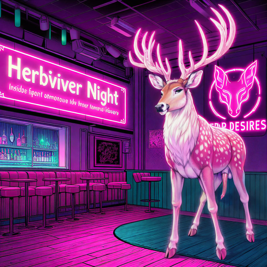 ai_generated anatomically_correct anatomically_correct_genitalia animal_genitalia animal_penis antlers balls bar beverage cervid cervine_penis detailed detailed_background detailed_fur director_firewolf feral furryrock_(model) genitals hi_res hooves horn inside light lighting looking_at_viewer male mammal neon neon_lights nightclub penis sheath solo wood_floor