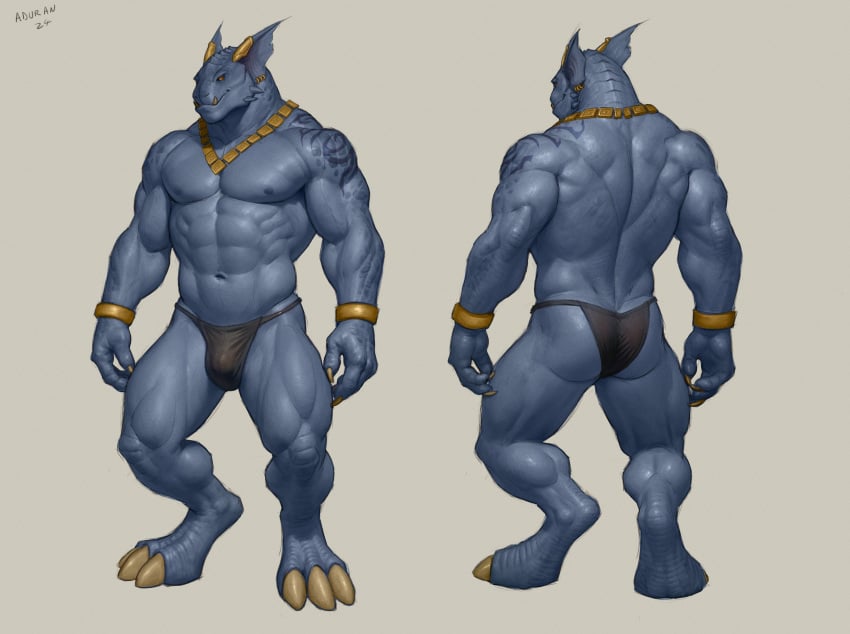 abs absurd_res aduran anthro ass biceps biped blue_body bracelet bulge claws digitigrade finger_claws hi_res jewelry male muscular muscular_anthro muscular_male navel nipples pecs scalie simple_background toe_claws