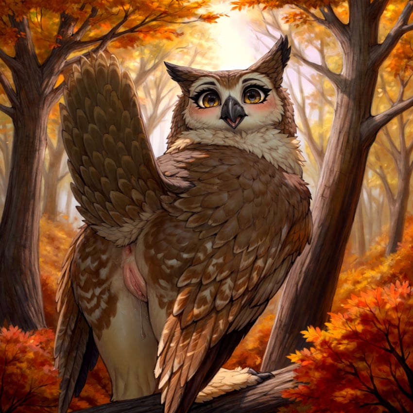 1:1 ai_generated anus autumn autumn_leaves avian beak bird black_beak bodily_fluids brown_body brown_feathers bubo_(genus) colored detailed detailed_background dripping_pussy feathers female feral genital_fluids genitals great_horned_owl hi_res lungfish1223 orange_eyes owl plant presenting pussy pussy_juice raised_tail solo tail_feathers tree true_owl wings