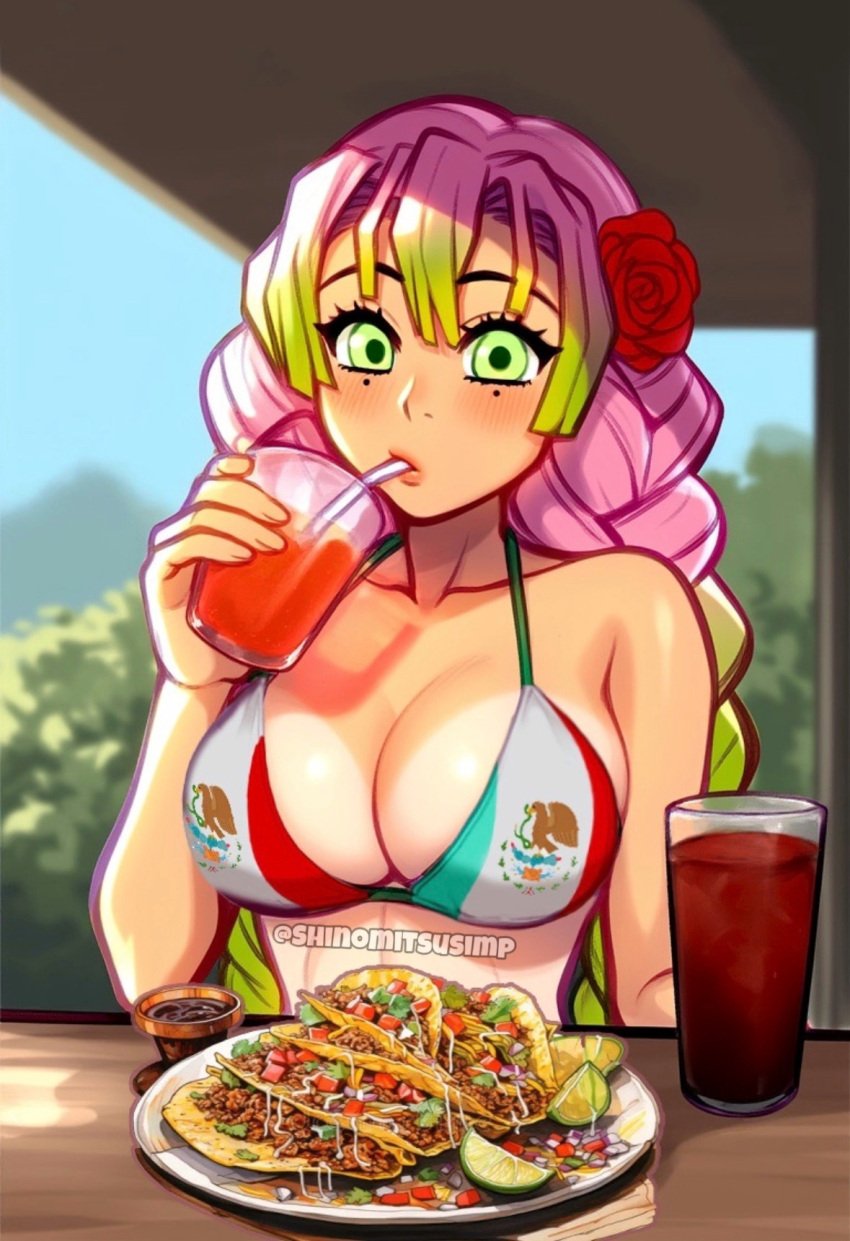 1girls 2d 2d_(artwork) bikini bikini_top bra breasts cleavage demon_slayer drinking eating female food green_eyes kanroji_mitsuri large_breasts looking_at_viewer mexican_flag pink_hair solo straw tacos vacation