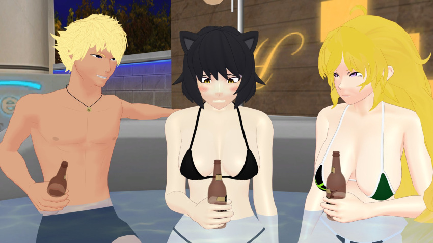 1boy 2girls bikini bikini_bottom bikini_top black_hair black_hair_female blake_belladonna blonde_female blonde_hair cat_ears faunus purple_eyes rwby sun_wukong_(rwby) theblackbirdcalls yang_xiao_long yellow_eyes