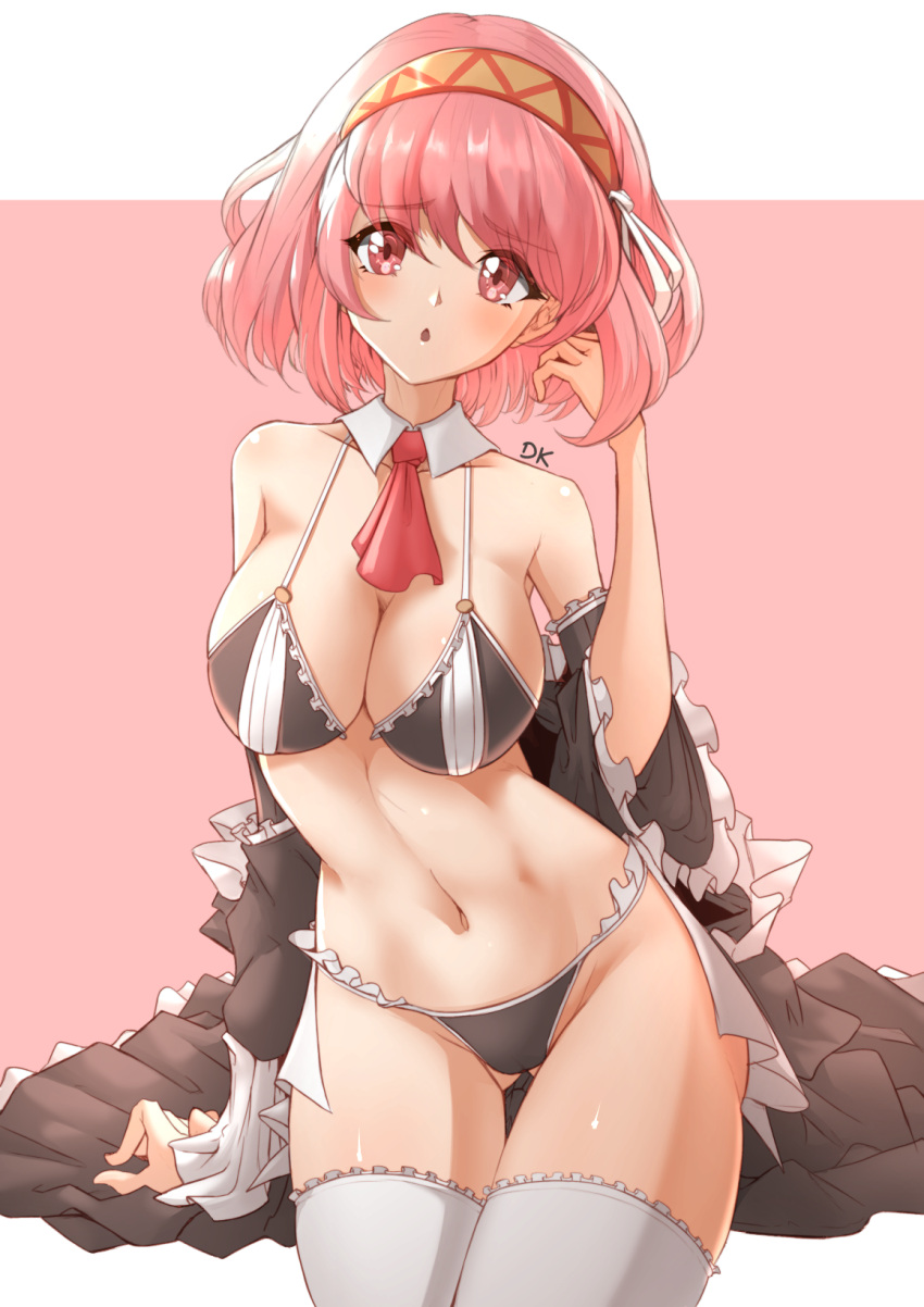 1girls alternate_costume ass_visible_through_thighs bikini black_bikini black_swimsuit breasts cleavage commentary deekei female female_only fire_emblem fire_emblem_engage frilled_legwear frilled_socks hair_ribbon hairband highres lapis_(fire_emblem) large_breasts looking_at_viewer maid maid_bikini medium_hair midriff navel necktie nintendo open_mouth pink_eyes pink_hair ribbon simple_background socks solo swimsuit thighhighs unconventional_maid white_ribbon white_socks