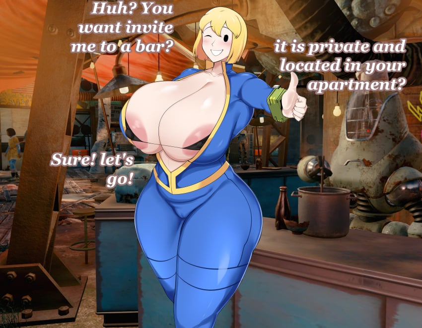 bikini_top fallout fallout_(series) fallout_4 female female_protagonist human large_breasts mob_face owner_(artist) sole_survivor sole_survivor_(female) tagme text third-party_edit tight_clothing unzipped_bodysuit vault_dweller vault_girl vault_suit