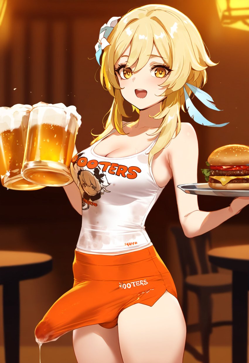 1futa ai_generated alcohol ball_bulge balls balls_under_clothes beer beer_mug blonde_hair breasts bulge bulge_through_clothing casual casual_boner casual_ejaculation casual_erection clothed crop_top cum cum_drip cum_on_clothes cum_on_penis cum_through_clothes cumdrip cumshot dickgirl doseogwan ejaculation ejaculation_under_clothes employee_uniform erect_penis erection erection_under_clothes femboy futa_only futanari genshin_impact hair_flower hands-free handsfree_ejaculation holding_beer holding_object hooters hooters_uniform indoors long_penis looking_at_viewer lumine_(genshin_impact) open_mouth orange_shorts orgasm_without_stimulation penis penis_bulge penis_under_clothes short_hair short_shorts shorts smile solo solo_futa spontaneous_ejaculation spontaneous_orgasm standing sweat tank_top tenting thighs visible_penis_shape waitress white_tank_top yellow_eyes