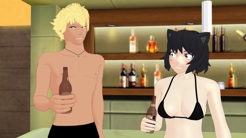 1boy 1girls beer_bottle bikini bikini_top black_hair black_hair_female blake_belladonna blonde_hair cat_ears faunus rwby sun_wukong_(rwby) tan_skin theblackbirdcalls yellow_eyes