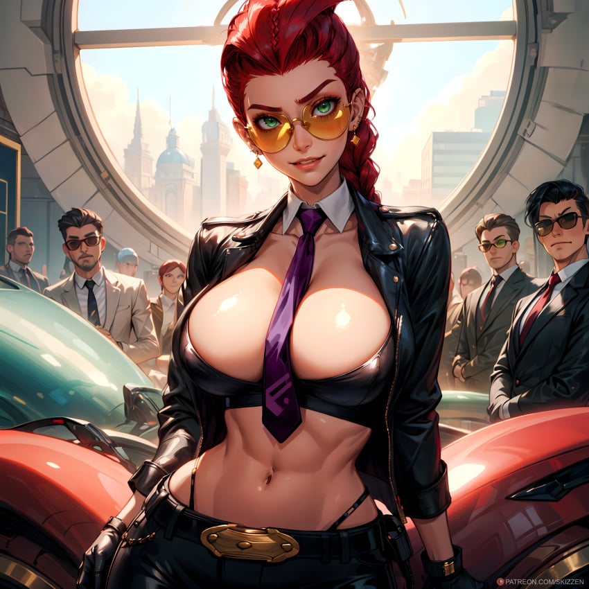 1girls ai_generated crimson_viper huge_breasts midriff multiple_boys necktie necktie_between_breasts orange-tinted_eyewear red_hair skizzen street_fighter street_fighter_iv sunglasses tinted_eyewear video_games