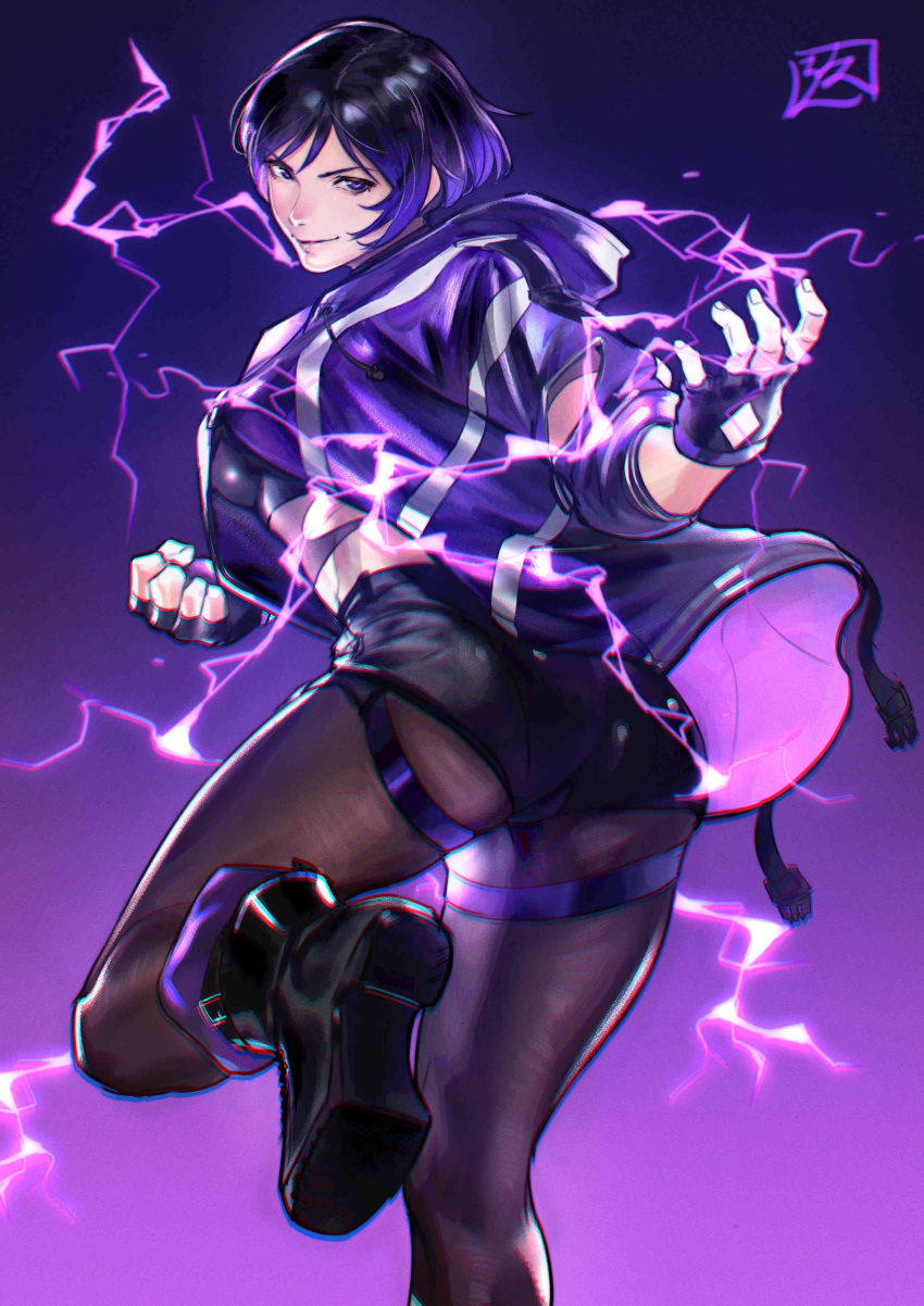 1girls 2023 bent_leg black_and_purple_hair black_hair electricity female female_only highlights_(coloring) juaagacgy kyuuakaku looking_at_viewer namco pantyhose purple_highlights reina_mishima smiling smiling_at_viewer solo standing_on_one_leg tekken tekken_8 very_high_resolution