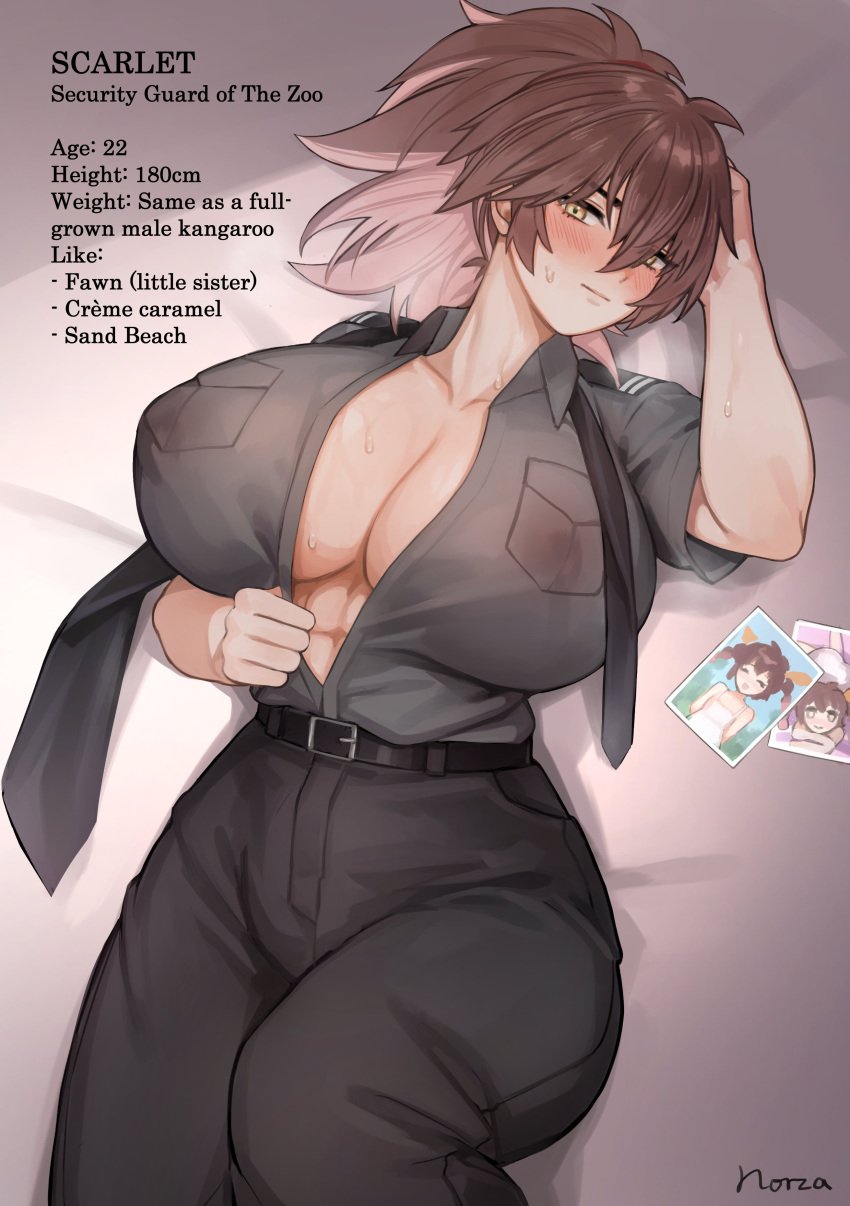 1futa abs blush breasts brown_hair clothed futa_only futanari hips huge_breasts light-skinned_futanari light_skin lying_on_back massive_breasts muscular_female muscular_futanari naughty_face norza original original_character scarlet_(norza) thick_thighs thighs wide_hips