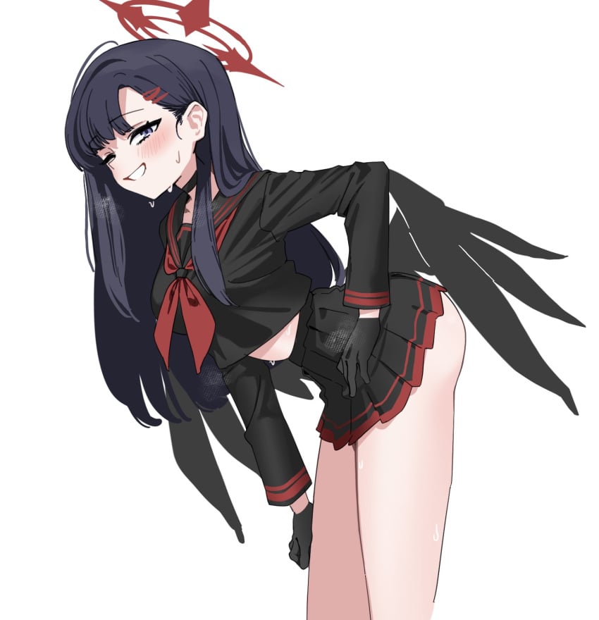 ahoge asymmetrical_bangs bare_legs bent_over black_choker black_gloves black_hair black_sailor_collar black_serafuku black_skirt black_wings blue_archive blush breasts choker cowboy_shot crop_top feathered_wings female fried_bocky from_side gloves grey_eyes grin hair_behind_ear hair_ornament hairclip halo hand_on_own_hip hand_on_own_thigh highres ichika_(blue_archive) leaning_forward long_hair long_sleeves looking_at_viewer looking_to_the_side low_wings medium_breasts midriff midriff_peek miniskirt neckerchief one_eye_closed red_halo red_neckerchief sailor_collar school_uniform serafuku sideways_glance simple_background skirt smile solo sweat underbutt unusually_open_eyes white_background wings