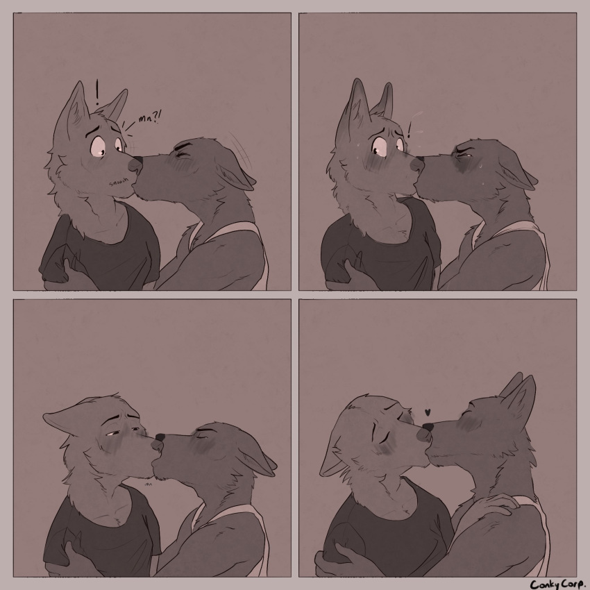 4_panel_comic anthro blush canid canine closed_eyes clothed clothing conkycorp duo embarrassed heart hi_res kissing male male/male mammal multiple_images nervous shirt tank_top topwear