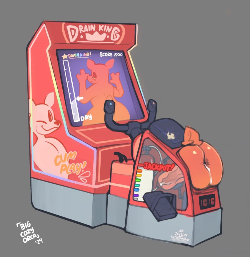 2024 anthro arcade_machine bigcozyorca bodily_fluids breeding_mount cum cum_in_sex_toy digital_media_(artwork) electronics english_text genital_fluids grey_background hi_res high_score penetrable_sex_toy penis_as_controller sex_toy simple_background text zero_pictured