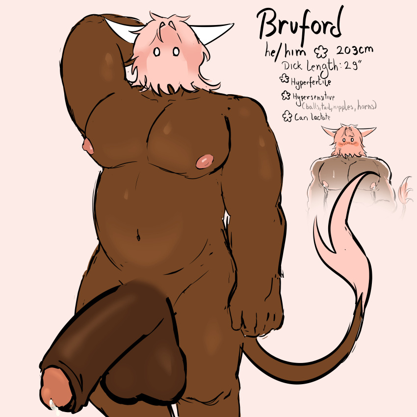 1boy bara bear big_pecs blush bruford furry furry_only horns huge_balls huge_cock hyper_balls hyper_penis male_lactation male_only mcdongle musclegut muscular_male oc original original_character pink_hair precum precum_drip self_upload tail