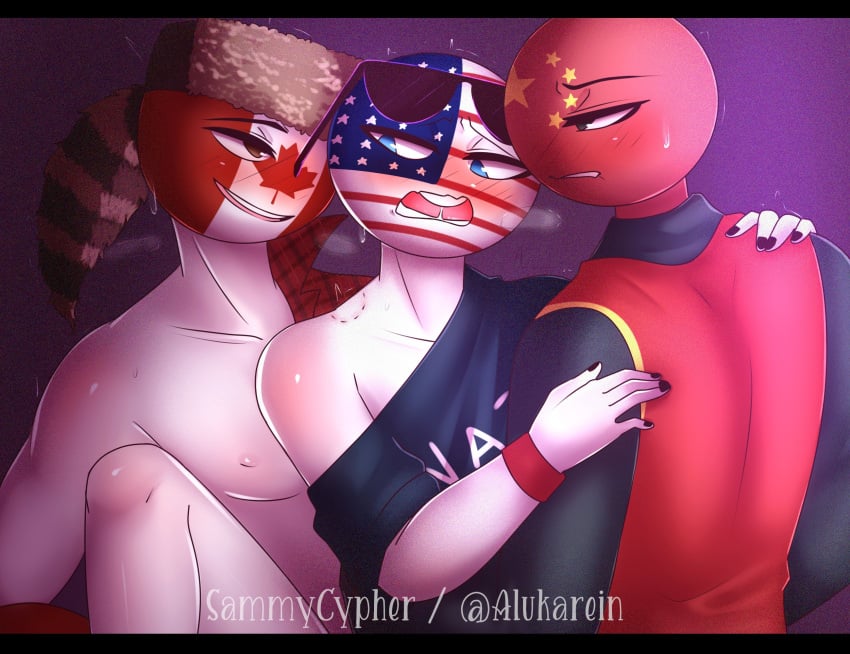 2021 5_fingers alukarein bite_mark bite_mark_on_shoulder black_clothing black_nails black_t-shirt blue_eyes blue_pupils blush blush_lines blushing blushing_at_partner brown_hat canada_(countryhumans) checkered_clothes china_(countryhumans) chinese_clothes clothed clothed_sex clothing color colored countryhumans dark_background fingers front_view fur_hat gay gay_sex hat hickey hickey_marks lifted lifted_by_another looking_at_another looking_at_partner male male/male/male male_only neck one_eye_obstructed one_eye_visible reaction_lines red_clothing red_eyes red_pupils red_shirt red_star red_wristband shaking_lines simple_background standing_sex stars_and_stripes sweat sweatdrop sweating t-shirt tail teeth teeth_visible text_on_clothing text_on_shirt text_on_t-shirt threesome tongue twitter_username united_states_of_america_(countryhumans) upper_body upper_body_focus watermark white_body white_skin white_skinned_male white_stars white_teeth wristband