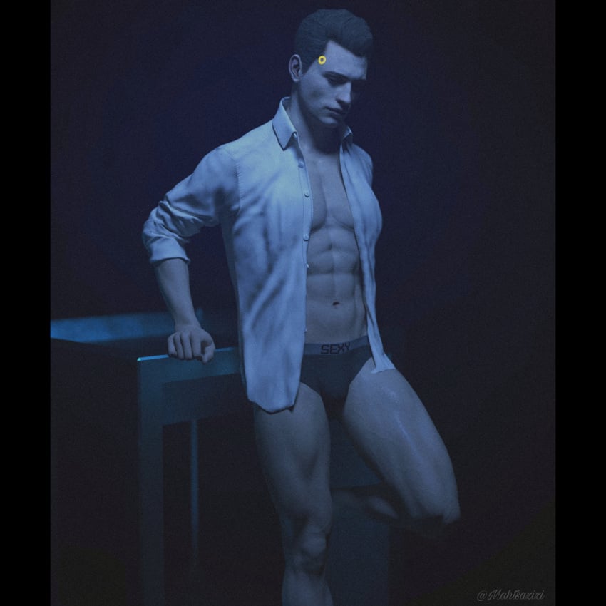 3d 3d_(artwork) 3d_model abs android brown_eyes brown_hair connor_(detroit:_become_human) detroit:_become_human humanoid_robot mahtsazizi male male_focus male_only masculine pecs shirt_open solo solo_focus solo_male underwear yellow_light