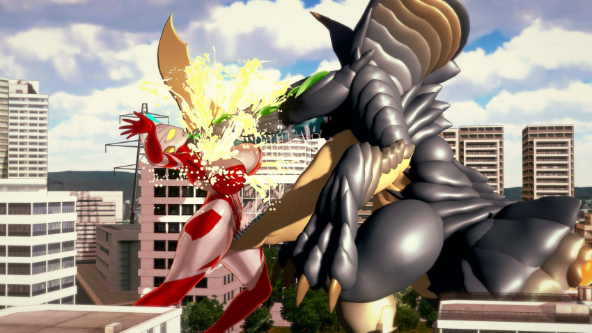 3d alien alien_girl alien_humanoid battle big_mouth biting city city_background female female_only fight fighting galactic_art large_breasts losing_fight monster original original_character saliva ultraman_(franchise) ultrawoman