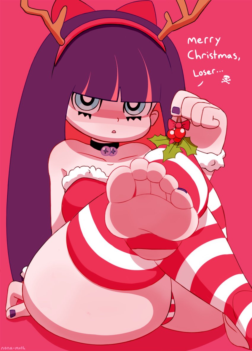 1girls 5_toes ass bangs barefoot bell_choker blue_eyes blunt_bangs breasts choker christmas christmas_outfit clothed dialogue english_text eyelashes fake_antlers feet female female_only fur_trim hairband hairbow highres holding_object holidays human legwear long_hair looking_at_viewer mistletoe nail_polish nonamoth panties panty_&_stocking_with_garterbelt pink_background pink_hair pov_feet purple_hair purple_nails purple_toenails signature simple_background sitting skimpy skull skull_and_crossbones soles solo spoken_skull stirrup_socks stocking_anarchy striped_legwear striped_panties talking_to_viewer text thick_thighs thighhighs toenail_polish toes two_tone_hair very_long_hair