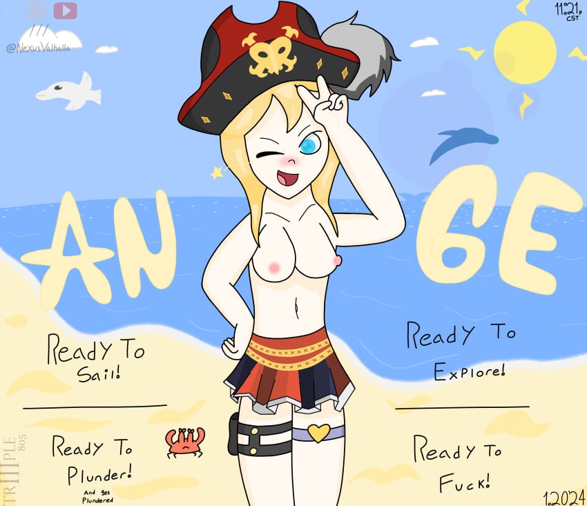 2020s 2024 ange_(dragon_project) artist_name beach bird blonde_hair blonde_hair blue_eyes blush bold_text breasts character_name cloud collarbone crab dated daytime dolphin dragon_project english_text female_pirate first_porn_of_character first_porn_of_franchise gull half-dressed half-naked hand_on_forehead hand_on_hip heart lavender_love_band leg_pouch legs_together light_blush love_band medium_breasts navel no_sex nose_blush ocean open_mouth open_smile outside pirate pirate_hat profanity raised_arm sand seagull self_upload skirt smile social_media solo solo_female solo_focus standing star summer sun sunshine topless topless_female triiiple805_(nexusvalhalla) v_sign water watermark winking