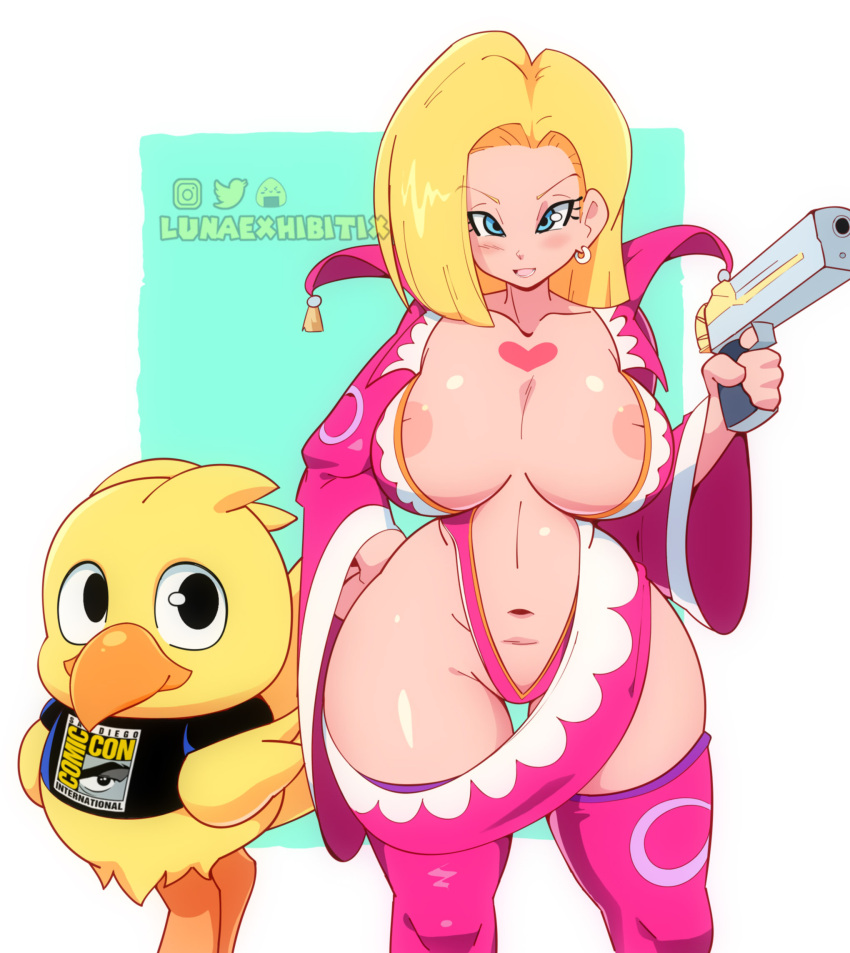 1girls 1other android_18 areola_slip big_breasts blonde_hair blue_eyes breasts chocobo comic_con cosplay crossover cute dragon_ball dragon_ball_z female female_only final_fantasy final_fantasy_x high_resolution holding_gun large_breasts leblanc_(final_fantasy) long_sleeves looking_at_viewer lunaexhabbitix pink_sleeves pink_thighhighs skimpy thigh_gap thighhighs thighs very_high_resolution wide_hips