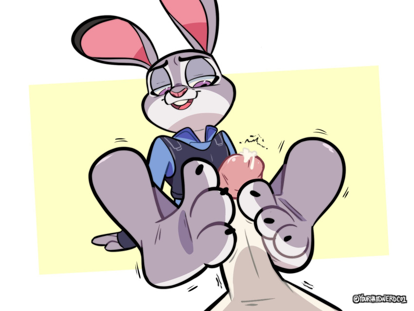 2d 3_toes anthro bodily_fluids buckteeth claws clothed clothing disney feet female fingerless_gloves foot_fetish foot_focus foot_play footjob genital_fluids genitals gloves handwear hi_res humanoid_genitalia humanoid_penis judy_hopps lagomorph leporid male male/female mammal multicolored_body no_penetration open_mouth open_smile penis police_uniform precum purple_eyes rabbit sex simple_background sitting smile teeth toe_claws toes two_tone_body uniform yourhardnerdcollector zootopia