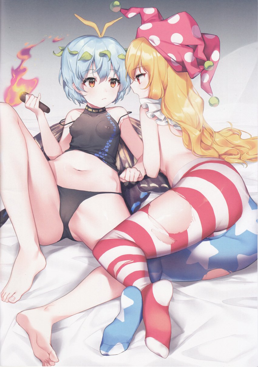 2girls absurdres american_flag_legwear antennae ass bare_arms bare_legs bare_shoulders barefoot bed_sheet black_panties black_shirt blonde_hair blue_hair blue_legwear blush breasts brown_eyes butterfly_wings cameltoe clownpiece covered_erect_nipples crop_top eternity_larva fairy_wings gradient_background grey_background hair_between_eyes hand_up hat highres holding holding_torch huge_filesize insect_wings jester_cap knee_up leaf long_hair lying midriff minust multiple_girls navel neck_ruff no_shoes on_back on_side panties pantyhose polka_dot polka_dot_headwear profile purple_headwear red_eyes red_legwear scan shadow shirt short_hair sleeveless sleeveless_shirt small_breasts stomach striped striped_legwear thighs topless torch torn_clothes torn_legwear touhou underwear very_long_hair white_legwear wings yuri