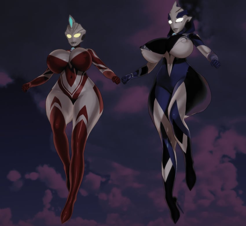 2girls 3d alien alien_girl alien_humanoid female female_only floating flying galactic_art large_breasts original original_character sky thick_thighs ultraman_(franchise) ultrawoman wide_hips