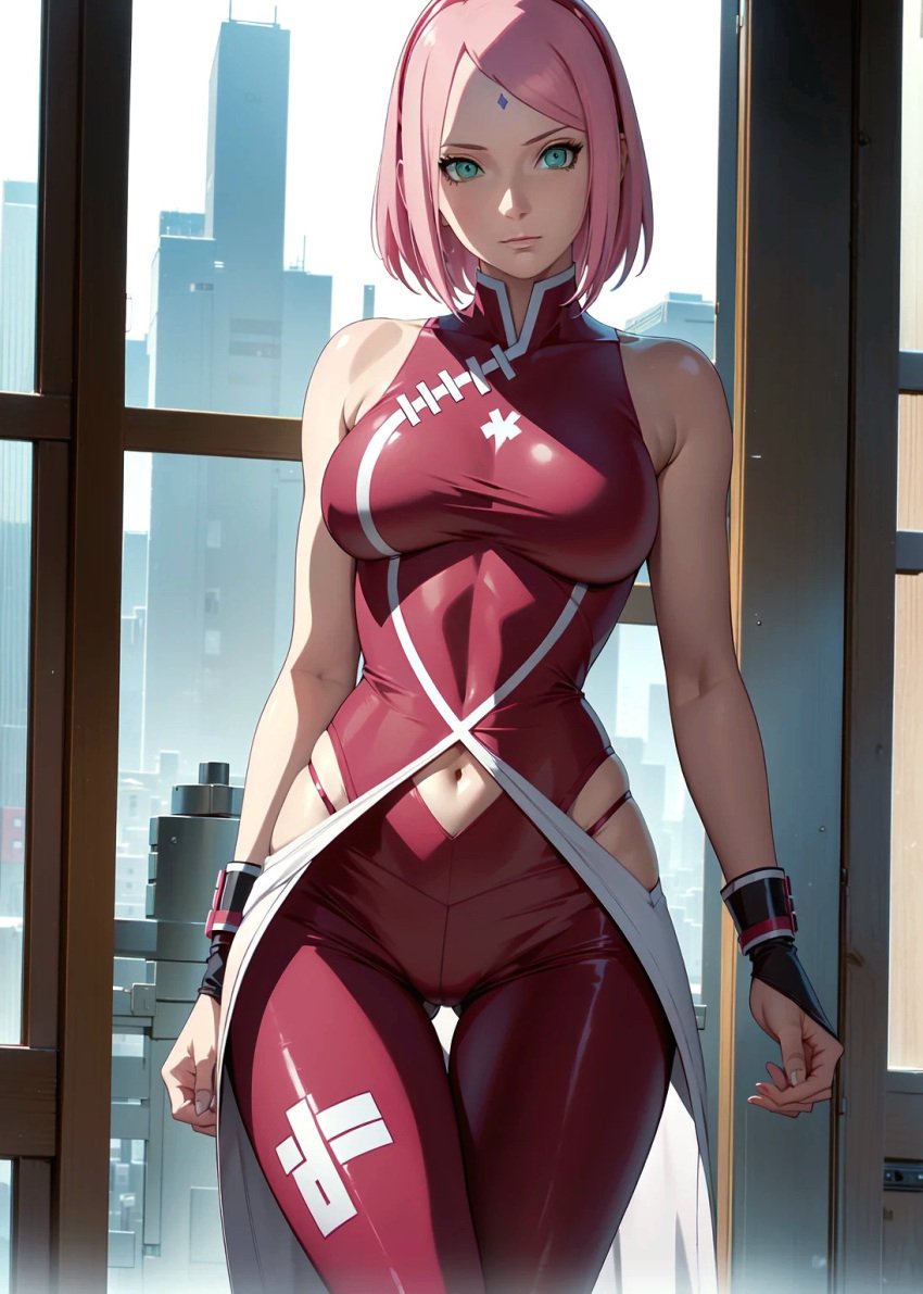 1girls ai_generated boruto:_naruto_next_generations female female_only green_eyes large_breasts naruto naruto_(series) pink_hair sakura_haruno seaart.ai solo standing