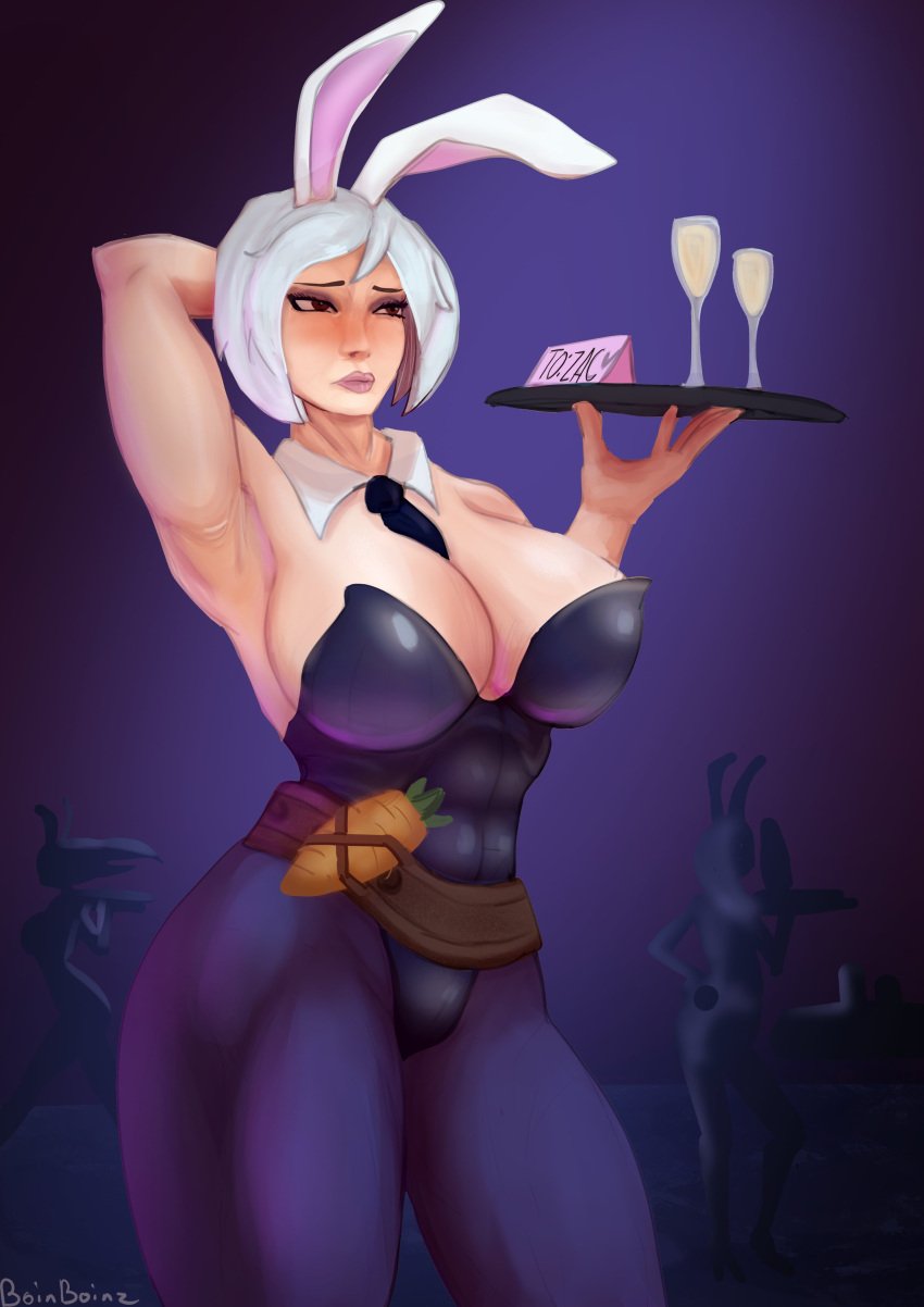 1girls 2023 absurd_res arm_behind_head big_breasts blush boinboinz bunny_ears bunnysuit detached_collar female female_only league_of_legends necktie necktie_between_breasts pantyhose riot_games riven solo thick_thighs tray white_hair