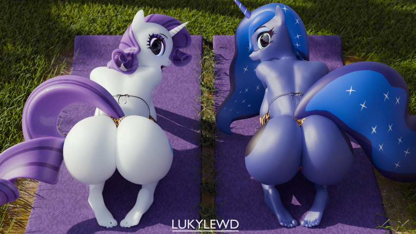 anthro ass bikini blue_body blue_eyes blue_eyeshadow blue_hair blue_skin blue_tail clothing cutie_mark duo equid equine eyeshadow feet female friendship_is_magic hair hasbro horn looking_at_viewer looking_back looking_back_at_viewer lukarts22 makeup mammal my_little_pony open_mouth pink_eyes princess_luna_(mlp) purple_eyeshadow purple_hair purple_tail rarity_(mlp) soles swimwear tail toes unicorn white_body white_skin