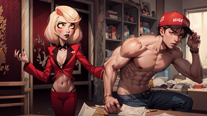 1female 1male 50k_joke ai_generated blonde_hair charlie_morningstar_(hazbin_hotel) colored_sclera female hazbin_hotel indoors marusame shirtless_male stable_diffusion suit thong verbalase verbalase_(youtuber) whitewashed