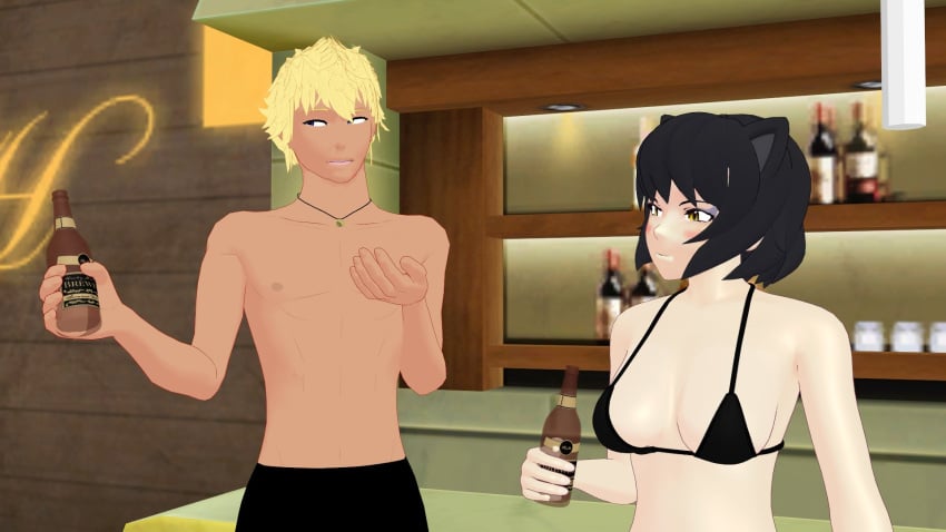 1boy 1girls beer_bottle bikini bikini_top black_hair black_hair_female blake_belladonna blonde_hair faunus rwby sun_wukong_(rwby) tan_body theblackbirdcalls