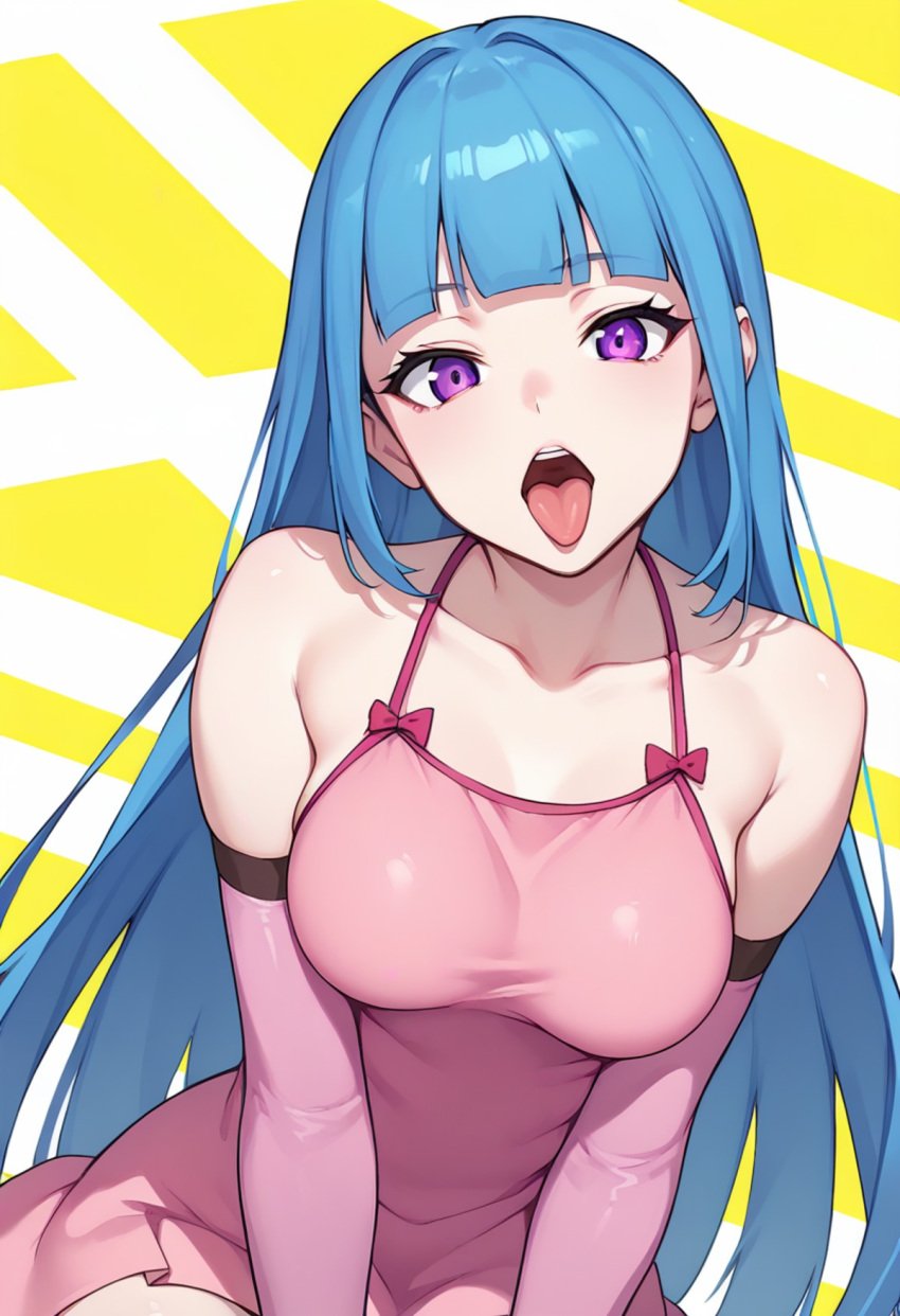 ai_generated blue_hair cleavage me!me!me! meme_(me!me!me!) open_mouth pink_dress purple_eyes seductive suggestive tongue