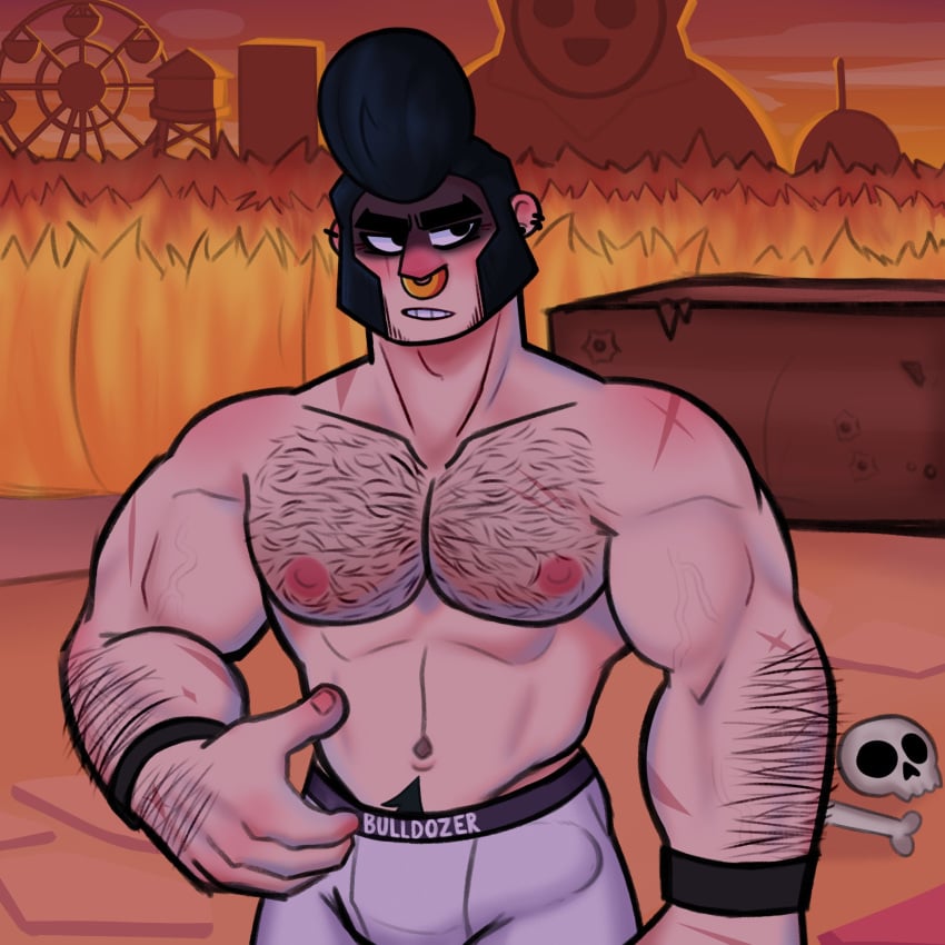 1boy bara beard belly_button big_hands black_hair boner boxers brawl_stars bulge bull_(brawl_stars) capguy detailed_background erection hairy hairy_arms hairy_chest hairy_male male male_only muscular muscular_male nose_piercing pecs piercing scars serious solo solo_male underwear wristband