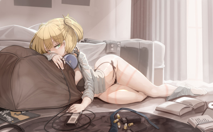 ass bare_legs barefoot big_breasts blonde_hair bob_cut feet genek green_eyes long_sleeves looking_at_viewer lying lying_on_breasts lying_on_stomach open_shirt tailwag teenager thick_ass thick_thighs underwear wide_hips