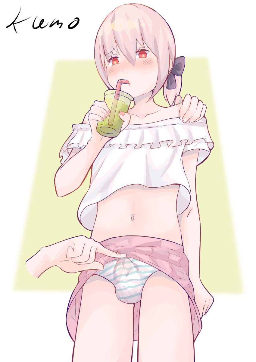 blue_and_white_striped_panties bulge drinking femboy kumo_no_mae male pantie_bulge panties poking_buldge straw upskirt