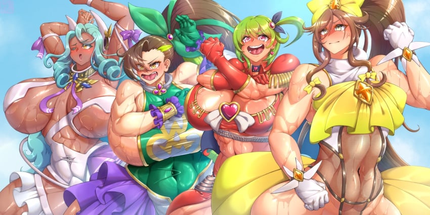 2023 4girls abs alternate_version_available blue_hair breasts brown_hair cleavage clover_ace_(last_origin) curvaceous curvy female_focus female_only green_hair hi_res high_resolution highres hips huge_breasts khan_the_swift last_origin levanshousa913 magical_girl mighty_r multiple_girls scathy sweat toned toned_female toned_stomach voluptuous wide_hips