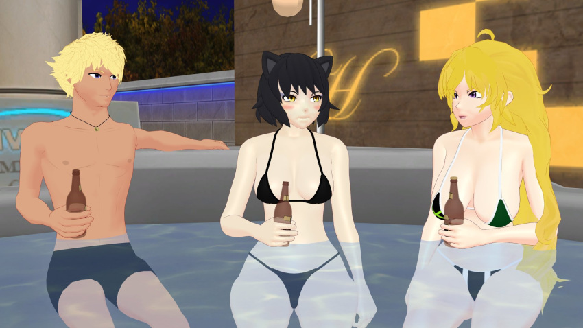 1boy 2girls beer_bottle bikini bikini_bottom bikini_top black_hair black_hair_female blake_belladonna blonde_female blonde_hair long_hair long_hair_female purple_eyes rwby sun_wukong_(rwby) theblackbirdcalls yang_xiao_long yellow_eyes