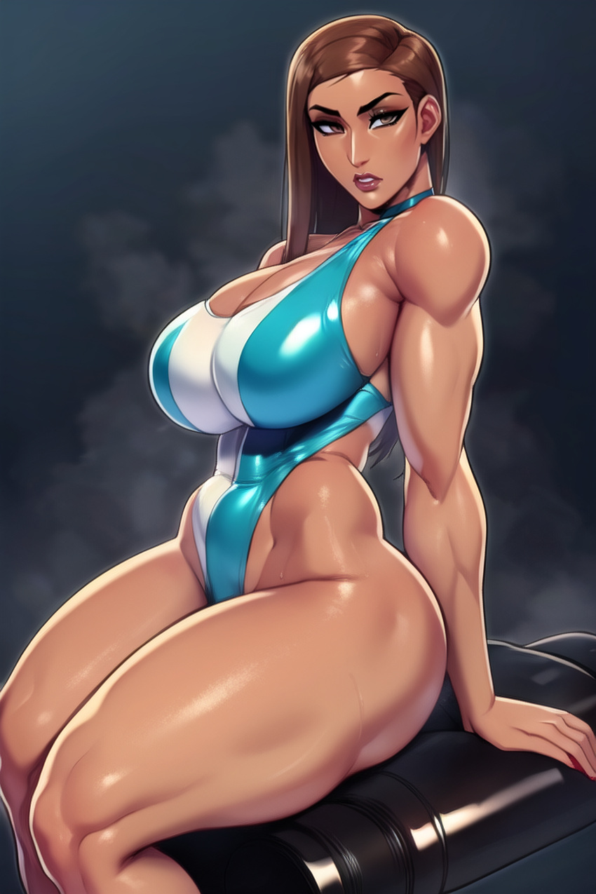 1girls ai_generated big_nose brown_eyes brown_hair fit muscular posing rampage0118_(style) shiny_skin shiny_swimsuit sitting smoke600 stable_diffusion swimsuit tan tan_body tanned