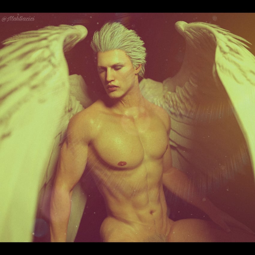 3d 3d_(artwork) 3d_model abs angel angel_wings angelic closed_eyes devil_may_cry devil_may_cry_5 mahtsazizi male_only muscular muscular_male naked naked_male no_visible_genitalia nude nude_male pecs shaved_crotch sparda sun_glare vergil white_hair